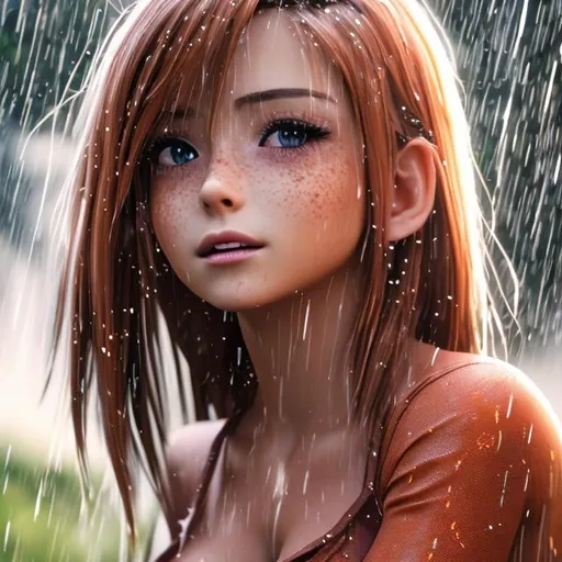 Prompt: 4k high resolution cgi anime modern, full body picture, petite mexican female, age 35, pretty face, light freckles, blonde/brown/red hair, short white dress, low-cut top, dancing in the rain