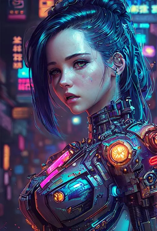 Prompt: Beautiful cyberpunk android in kowloon walled city, Julia butters Dove Cameron, By Karol Bak, By Wadim Kashin, by David Kassan, Bioluminescent, Close up, layered paper, neon lighting, psychedelic splash art, intricately detailed, Raytraced, 16k, Kristen Stewart, depth