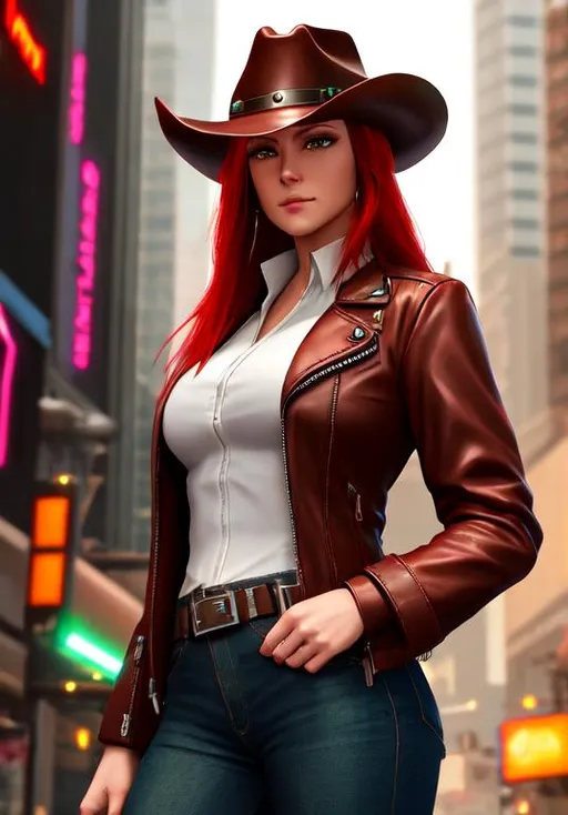 Prompt: cyberpunk, cowgirl, cowboy hat, modest, red hair, green eyes, brown leather jacket, white shirt, pistol in holster, HD, 8K, sci-fi, city background, middle age, wrinkles