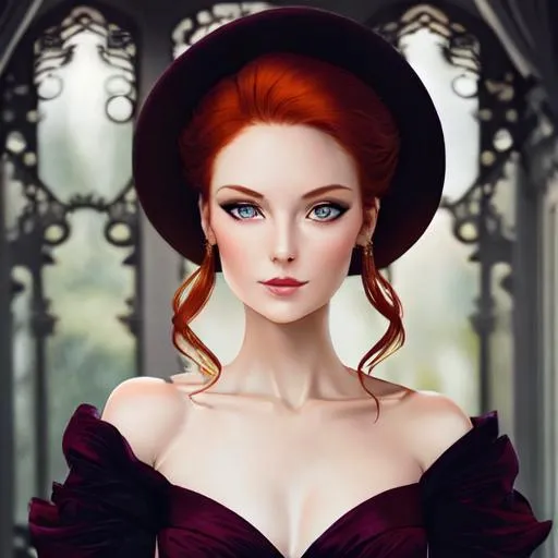 Prompt: Elegant lady with ginger hair and amber eyes