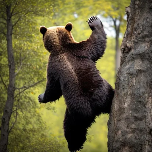 Prompt: A bear hanging off a tree with one arm. From the back view (see its back)