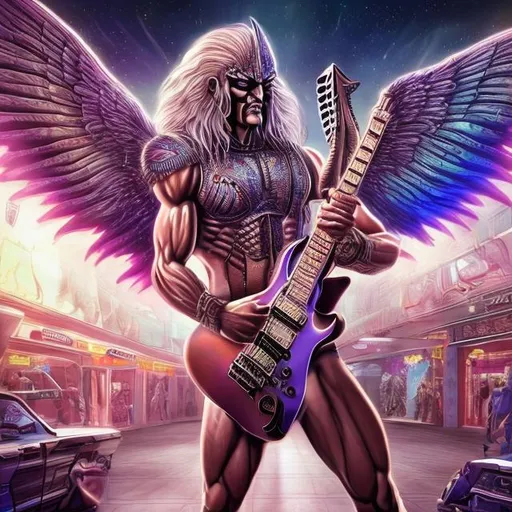 Prompt: Bodybuilding Assyrian Winged Lammasu playing guitar for tips in a busy alien mall, widescreen, infinity vanishing point, galaxy background