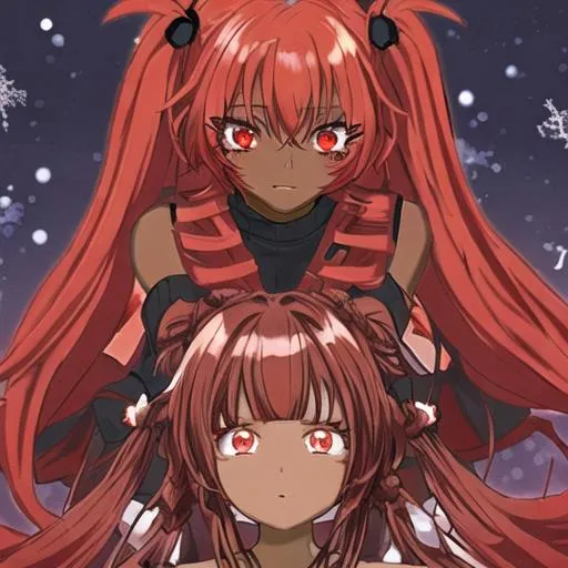 Prompt: A dark skinned anime girl with red hair styled as dreads in twin tails with front bangs, and her eyes were different as the left one was red and the right one was red with a snowflake-like white symbol at the center of it. She was just as calm as the girl before her, to a point where it could make it uncomfortable for some people to be around her. When it came to their physique, she was slim and had no noticeable muscles. In terms of outfit, she was wearing a white old-fashioned blouse with long leather black gloves covering the rest of her arms, while on the bottom side, she had a blue high waist rise mini skirt with web black stockings, and black closed high heels. All that couldn't distract from her long sharp ears or the fact that she was the shortest standing at 145cm(4'9ft) of height.