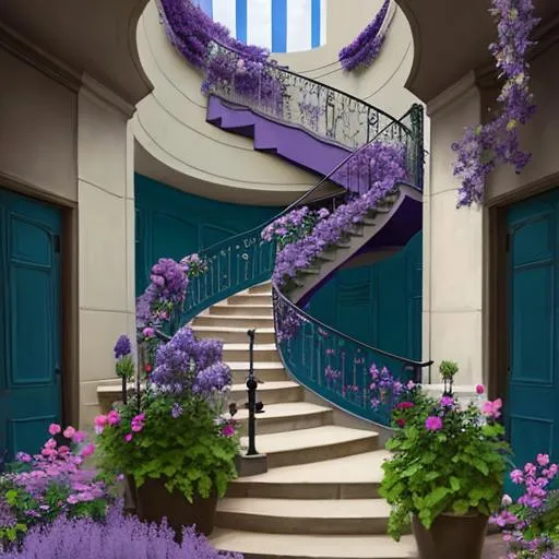 Prompt: stairway to the sky with beautiful purple flowers-Beautiful creation
