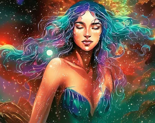 Prompt:  water magic woman red blue purple sunset mountain music  beauty latina moon goddess healer anime