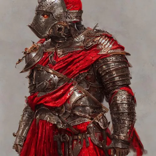 Prompt: A medival warrior with heavy armor, red, trending on artstation, concept art, perfect composition, hyperrealistic, super detailed, 8k, high quality, trending art, trending on artstation, sharp focus, intricate details, highly detailed