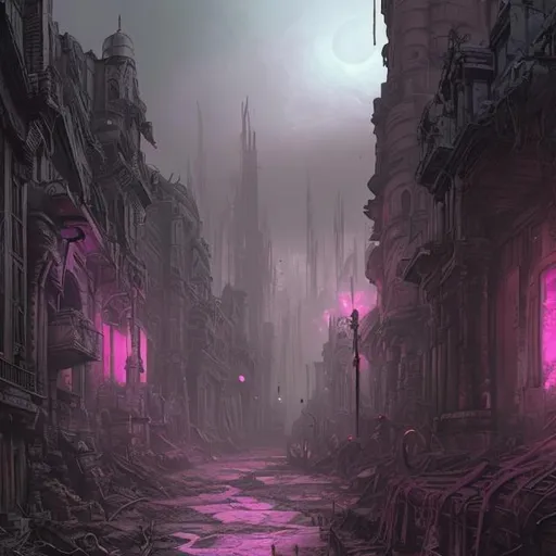 Prompt: extreme long shot concept art depicted old ruined subterrean drow city, dramatic mood, overcast mood, dark fantasy environment, arcane pink glow , dieselpunk, bodyhorror building, mutation flesh, corruption,  art inspired by warhammer and arcane, 