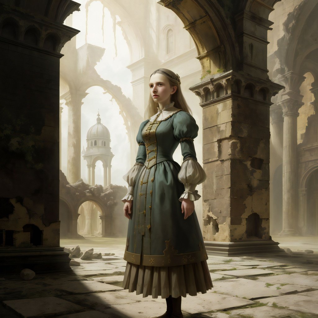 Prompt: A creative portrait of a woman standing in a majestic ruin, arty, dramatic lighting, atmosphere, highly detailed muted colors, clean, pleasant, photoshoot, HQ, art by Canaletto, Apollinary Vasnetsov, Pieter Claesz, J.C. Leyendecker, Hubert Robert, Carmen Saldana, and Scarlett Hooft Graafland