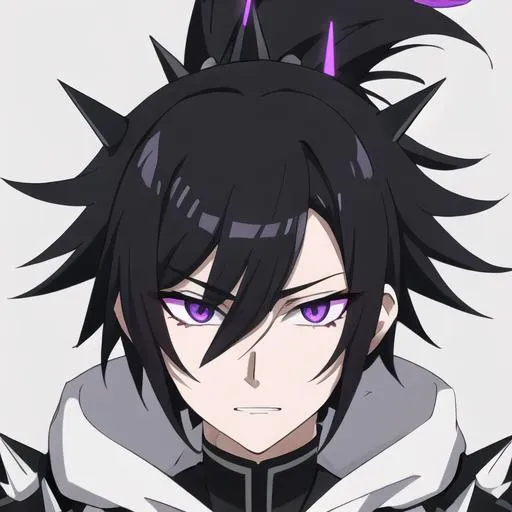 Prompt: Male (spiky black hair and white multicolor hair) (Purple eyes)UHD, 8K, highly detailed, insane detail