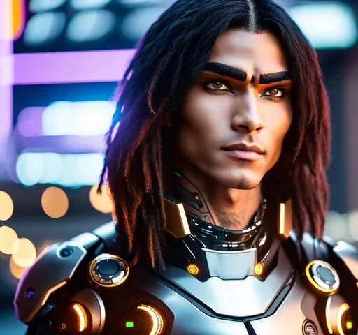 Prompt:  man with black hair and Cyborg , in the style of futuristic, violet and bronze backdrops, robotic boy, photorealistic costumes, schlieren photography, steanpunk, close-up, Hair, hairstyle to the side, oval face, weight 60kg, height 1.78, 20 years old close-up back view half body, perfect body,  wearing yellow rain jacket and denim shorts in a steanpunk city, hyper realistic details, cinematic lighting, 3d, 8k