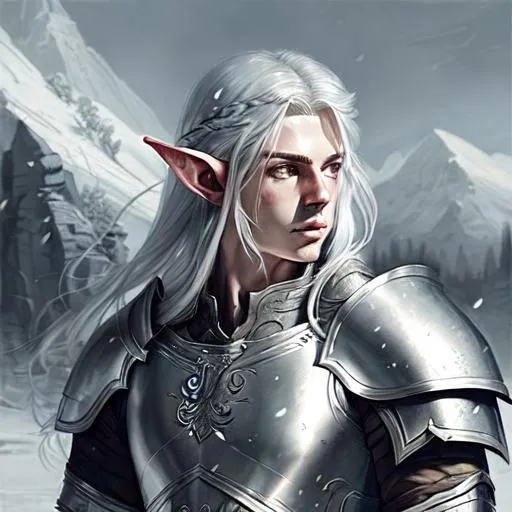 Prompt: handsome male elf warrior with long silver hair, silver plate armor, greatsword, pale skin, detailed background, snowy mountainside, portrait, cinematic lighting, highly detailed, digital painting, trending on artstation, pixiv, concept art, sharp focus, illustration, art by keith parkinson