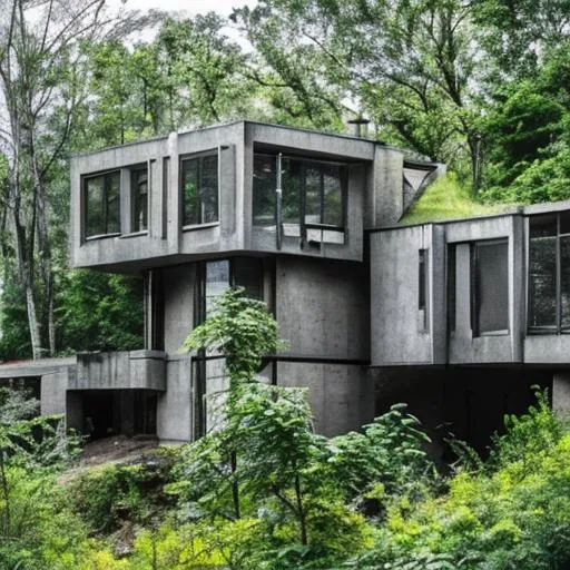 Prompt: brutalist architecture home surrounded by nature. with lots of windows