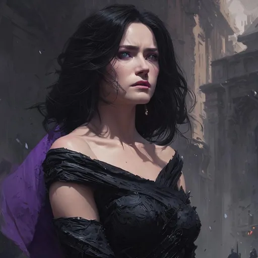 Prompt: A portrait of a woman with black shoulder length hair and purple eyes wearing a off the shoulder black dress perfect composition, hyperrealistic, super detailed, 8k, high quality, sharp focus, studio photo, intricate details, highly detailed, Expressionism art by greg rutkowski