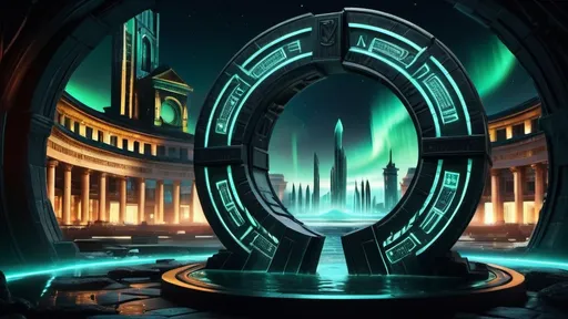 Prompt: magical portal between cities realms worlds kingdoms, circular portal, ring standing on edge, upright ring, freestanding ring, hieroglyphs on ring, complete ring, ancient roman architecture, atlantis city plaza setting, aurora borealis, panoramic view, dark night, futuristic cyberpunk tech-noir setting