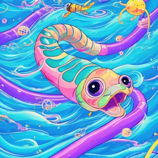 Prompt: Cute sea snake going down a Water slide in outer space in the style of Lisa frank