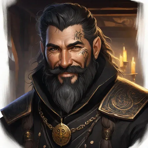 Prompt: Fantasy portrait of a friendly, smiling, middle-aged inquisitor in black uniform, rough, rugged, with a mane of black hair, pallid skin, thick beard, gold specks in eyes, and tribal tattoos, wearing a black inquisitor uniform, with a scarred and wrinkled face, broken nose and scars, in a tavern setting, detailed, highres, fantasy, rugged, tribal, smiling, intense gaze, detailed facial features, dark and mysterious, atmospheric lighting