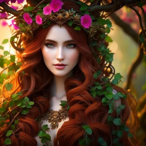 Prompt: Druid Ivy princess with flowing red hair made from silk wearing a crown made of thorns and vines, 8k resolution, A Masterpiece, Art station, Great Composition, Covered In Flowers, full body portrait, insanely detailed, outside, ambient lighting, hyper realistic, beautiful symmetrical face, fantasy, regal,