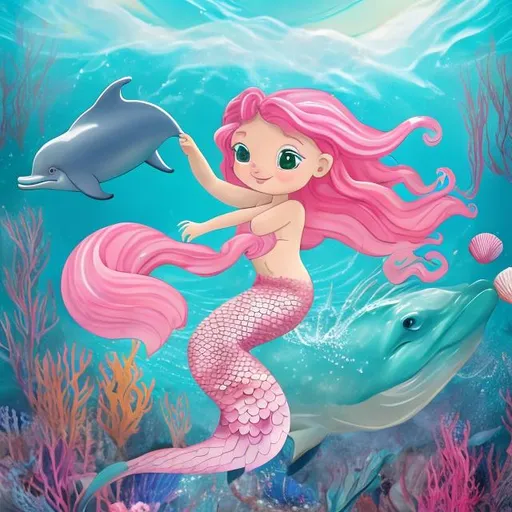 Prompt: Girl with pink shiny mermaid tail swimming under the sea holding seashells while riding a dolphin
