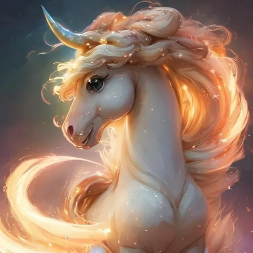 Prompt: cute fluffy ponyta, rainbow colours, sparkling eyes, embers in her eyes, shining eyes, sharp features, lightning, highly detailed, digital painting, artstation, concept art, smooth, sharp focus, beautiful fur, expressive eyes, illustration, art by Artgerm and greg rutkowski and alphonse mucha