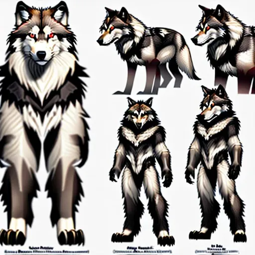 Prompt: “Species: wolf, Character reference sheet, multiple views, fluffy, fluffy chest , black fur, white feet,  red eyes, messy hair, black hair, white tipped ears, white tail tip, standing, grin, long hair, female, long tail”