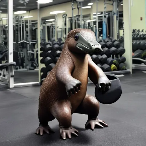 Prompt: Platypus, at the gym doing biceps curls.