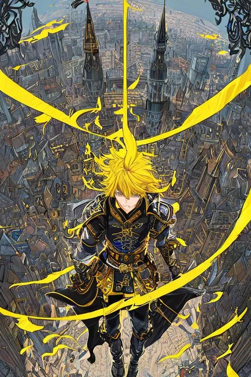 Prompt: 2D flat color fantasy medieval city silhouette vector background, action shot, extreme long shot wide view, full frame wide angle,

masterpiece intricate hyperdetailed best quality flat color pencil sketch 2D 1 anime boy joyful, blonde short hair, detailed yellow and black fantasy leather and cotton clothes, detailed face,

jumping, dynamic pose,

precise hard pencil strokes, thick and hard pencil outline,

hyperdetailed 2D vector concept art picture, vector, illustration, character concept,

2D fantasy concept art style, inspired by final fantasy art, adventure, inspiring, colorful, heroic fantasy art,