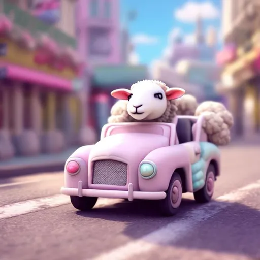 Prompt: A cute sheep driving car ,pastel color,realistic renderderd, background of colorfull city,soft pastel colors