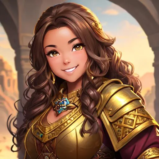 Prompt: oil painting, D&D fantasy, gold dwarf girl, tanned-skinned-female, stocky, beautiful, short bright dirty brown hair, wavy hair, smiling, looking at the viewer, cleric wearing intricate adventurer outfit, #3238, UHD, hd , 8k eyes, detailed face, big anime dreamy eyes, 8k eyes, intricate details, insanely detailed, masterpiece, cinematic lighting, 8k, complementary colors, golden ratio, octane render, volumetric lighting, unreal 5, artwork, concept art, cover, top model, light on hair colorful glamourous hyperdetailed medieval city background, intricate hyperdetailed breathtaking colorful glamorous scenic view landscape, ultra-fine details, hyper-focused, deep colors, dramatic lighting, ambient lighting god rays, flowers, garden | by sakimi chan, artgerm, wlop, pixiv, tumblr, instagram, deviantart