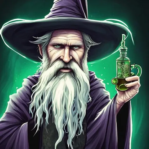 Prompt: A wizard who is addicted to drinking magic potions. He should have a big ginger beard and be drinking a potion. The liquid should be spilling down the sides of his mouth and into his beard. He should look drunk and the liquid of the potion should be bright green. His eyes should match the colour of the potion.