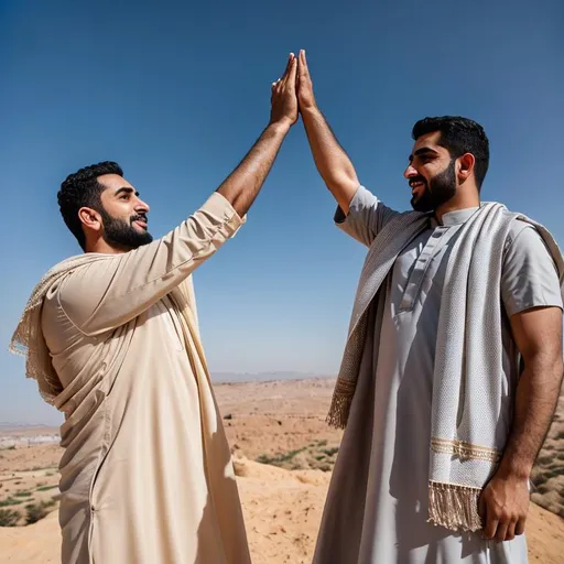 Prompt: Two Arab men holding one of each other hand up to sky standing on a hill, looking to camera, very beautiful, sun in the middle of sky