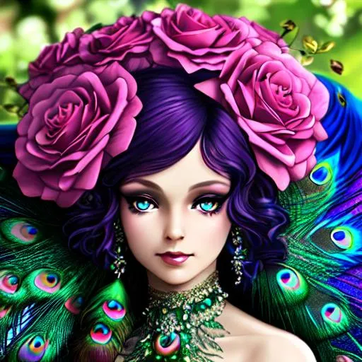 peacock fairy goddess, magenta roses, facial closeup | OpenArt