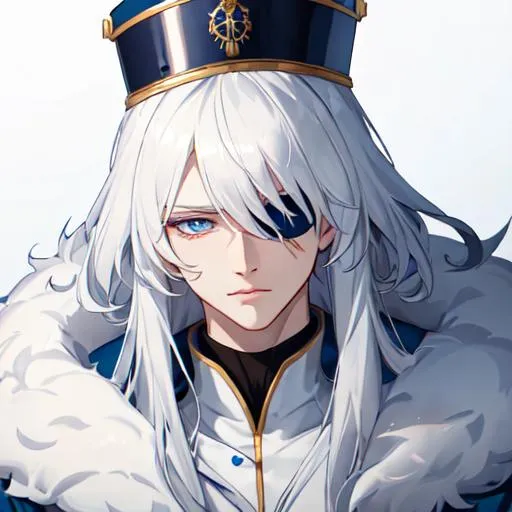 Prompt: Russia as a male human, 8k, UHD,  highly detailed, white hair, blue eyes, wearing a fluffy giant jacket and a ushanka, wearing an eye patch, close up