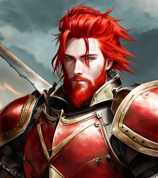 Prompt: Handsome fire knight with red hair in a man bun in armor