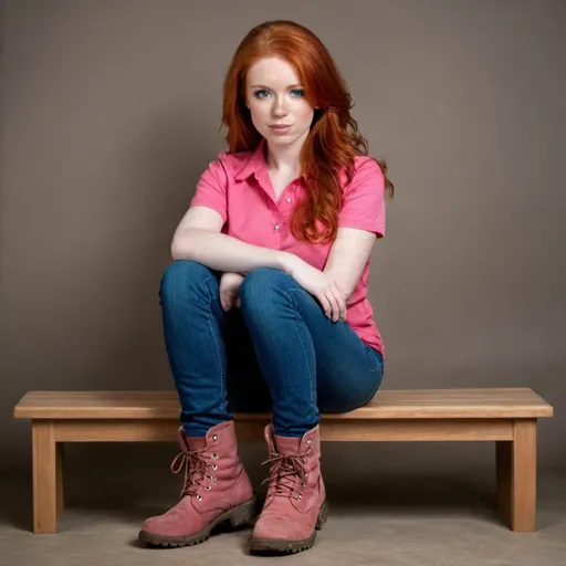 Prompt: A very beautiful red head sitting. She is wearing a pink shirt, blue jeans and boots. 