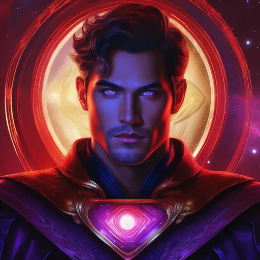 Prompt: fantasy, digital painting, homelander from the show the boys, horror, sharp focus, highest quality, masterpiece, intricately hyperdetailed, ultra-realistic, UHD, epic dark fantasy, D&D, Abyss, lots of red and purple , handsome, mysterious, eyes must be glowing red, galaxy, pendant on chest glowing, Low colar