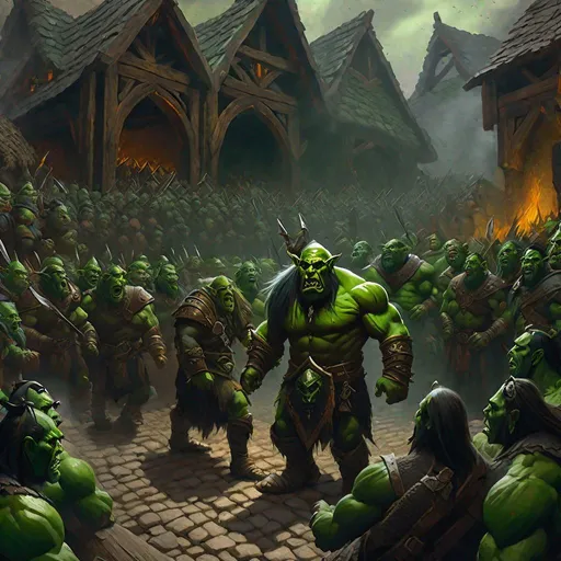 Prompt: 3 point perspective, orcish green skinned God appearing before their followers in an orc village, a large gathiring of orcs in a fighting pit, bloddied cobblestone. medieval fantasy, high-fantasy, dark fantasy, grimdark, Greg Rutkowski, full hd, high quality, 4k, trending on artstation, oil painting, intricate, highly detailed,