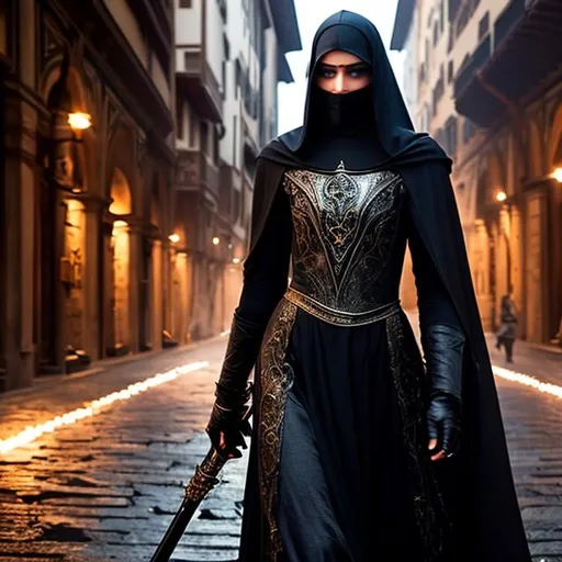 Prompt: Assassian nun in the streets of (((medieval))) Florence. Night. Dirty, used black cloak, hood, (((face covered))) mask, or shawl. Only his eyes are visible. Red hair, extremely feminine yet athletic build, sharp weapons. She's on a mission. Cinematic scene in Luis Royo style.
