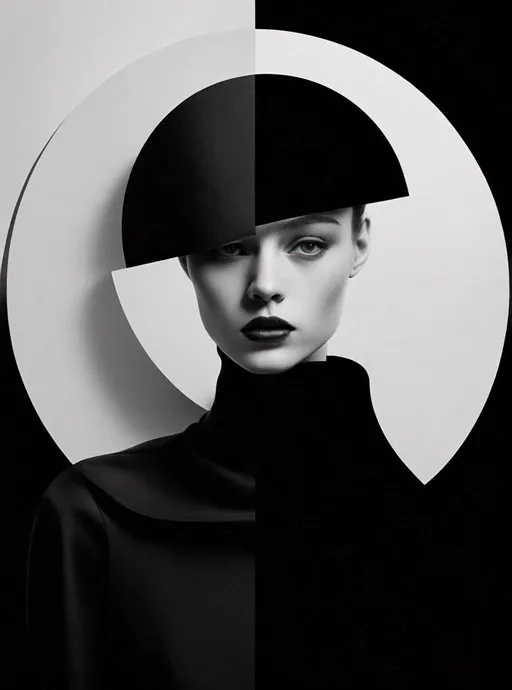 Prompt: fw 16 by shiha kino, in the style of monochrome abstraction, ad posters, bauhaus photography, photomontage, rounded forms, modernism-inspired portraiture, minimalistic composition 