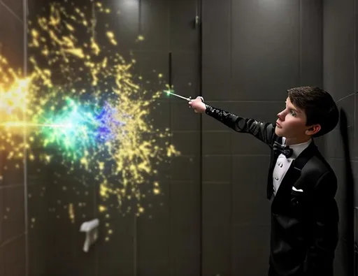 Prompt: 13 year old boy in a tuxedo casts a magic spell with his magic wand on someone else from the outside of a bathroom stall. Only show the outside view of the stall with the boy in the tuxedo with the magic wand and the stall with magic spewing out all over the place because the magic spell was just cast on whoever was inside at the time.