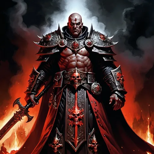 Prompt: Warhammer fantasy RPG illustration of a fearsome Priest of Khorne, blood-soaked robe, imposing stature, demonic symbols, intense and intimidating gaze, dark and gritty atmosphere, high quality, detailed, fantasy, dark fantasy, priest of Khorne, intimidating, demonic symbols, atmospheric lighting