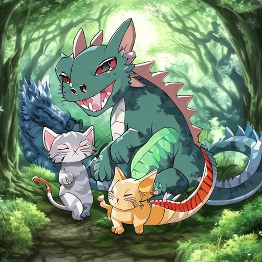 Prompt: Anime kitten and dragon in the forest