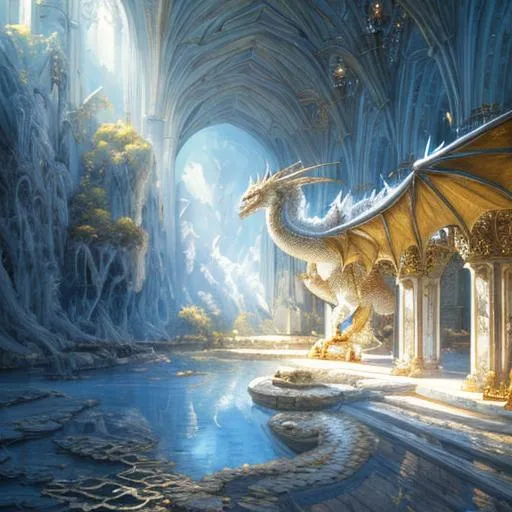 Prompt: beautiful photograph of most beautiful fictional, Dragon, goodnes, angelic, White and golden, extremely, detailed environment, detailed background, intricate, detailed skin, natural colors , professionally color graded, photorealism, 8k, moody lighting.