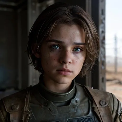 Prompt: portrait of a The 100 themed brown haired blue-eyed transgender boy in nuclear post-apocalypse