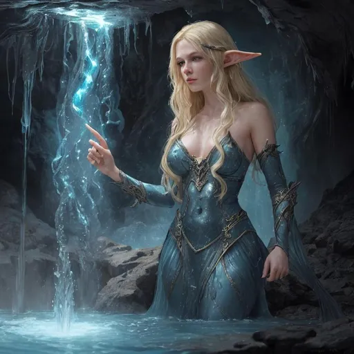Prompt: Create Splashart, a fantasy style ultra Intricate, ultra realistic dark fantasy ancient windy cavernous cave, with a majestic waterfall flowing into a pool of clear blue water,

focused on a full body, hyper cute young feminine faced, perfect young slender, flowing blonde haired half Elf, half human sorceress, (((casting magic flame from her finger tip))), light from the magic flame of her finger tip illuminating the cave,

wearing a thick iron slave collar, multi color silk robe, deep red eyes glowing in the background,

Professional Photo Realistic Image, RAW, artstation, perfect lighting, perfect shadows, contour, hyper detailed, intricately detailed, unreal engine, fantastical, intricate detail, fantasy concept art, 8k resolution, deviantart masterpiece, splash arts, ultra details Ultra realistic, hi res, UHD, 3D Rendering, depth of field 4.0, APSC, ISO 900,