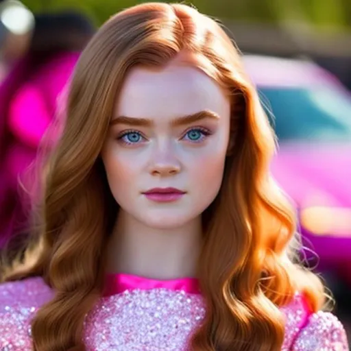 Prompt: Very high quality Sadie Sink wearing a highly accurated Barbie inspired pink  perfect Look 