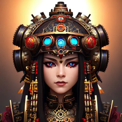 Prompt: steampunk heavily decorated tribal aztec head dress, robot, dragon, front portrait, Japanese Oni, deep colors, steel, metal, intricate details, trending on CGsociety, beautiful composition, concept art, glowing eyes, sharp focus, ultra realistic details, cinematic atmosphere, global illumination, shadows, octane render, 8K