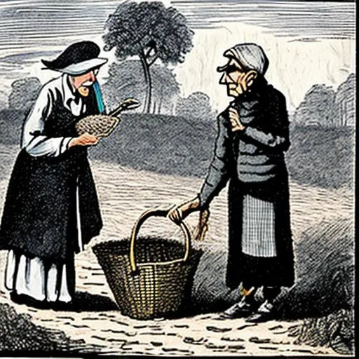 Prompt: a wise, elderly woman holding a basket of soil in  a field, while a remorseful landlord stands nearby. The image should capture the essence of the story's moral lesson and the interaction between these two characters. This visual representation can help convey the story's message effectively.