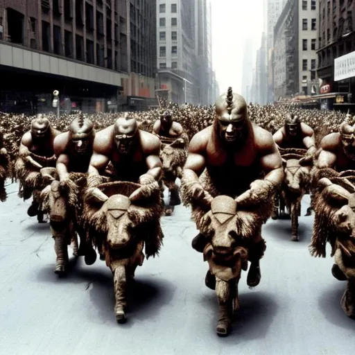 Prompt: Ghengis Kahn & his hoards are riding through downtown New York, slaughtering stunned people who are gawking at them.