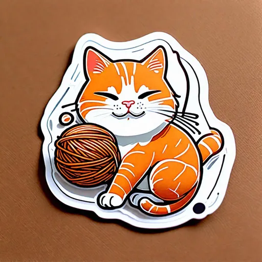 Prompt: a sticker of a ginger cat playing with a yarn ball, thick white outline