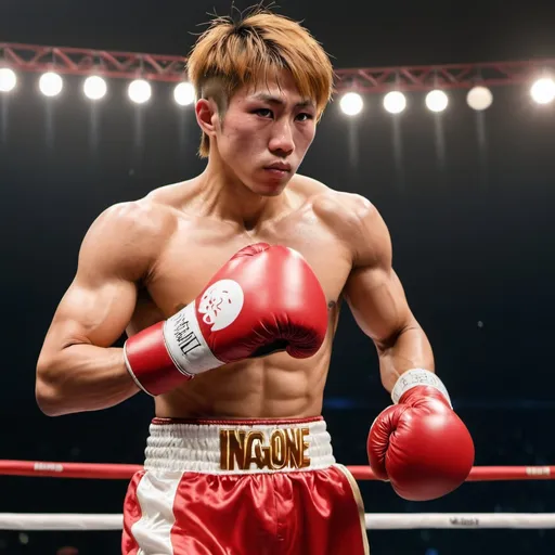 Prompt: Imagine a Japanese boxer resembling Naoya Inoue with golden and brownish hair, with an incredibly muscular physique. He's wearing huge red boxing gloves in a boxing ring.